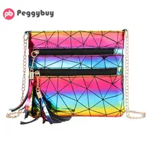 Женская сумка Геометрическая Сумка клетчатая Повседневная Сумка-тоут с цепочкой сумка на плечо для девочек Голограмма лазерная кисточка серебряные сумки через плечо Bolsa Новинка
