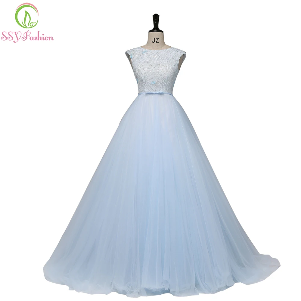 SSYFashion 2018 New The Banquet Elegant Evening Dress High end Luxury Beading Light Blue Long