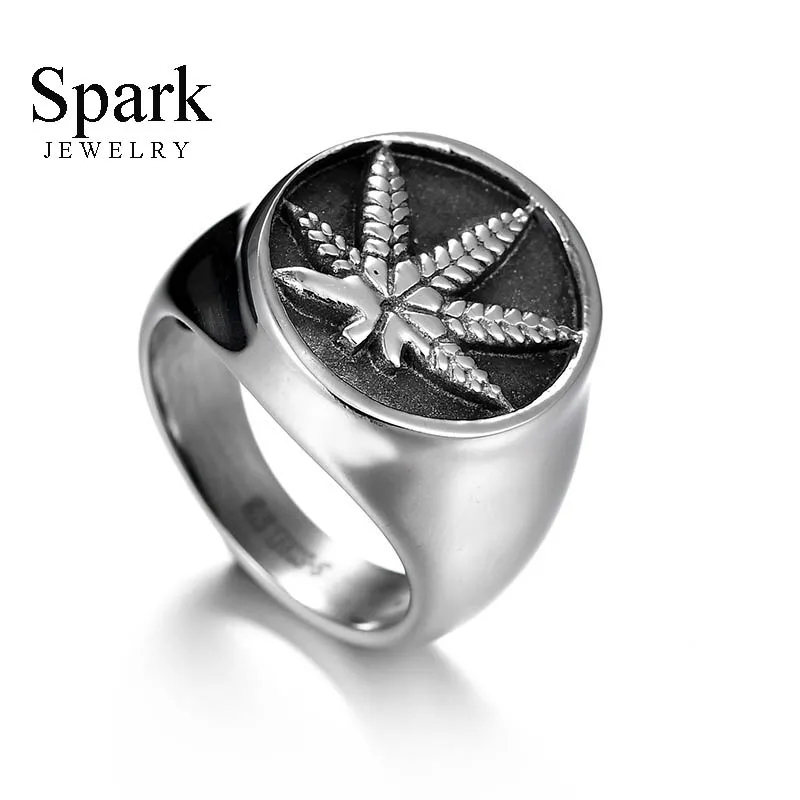 

New Arrival Vintage 316L Stainless Steel Weed Signet Ring Hip Hop Punk Style Maple Leaf Ring For Men Party Gift