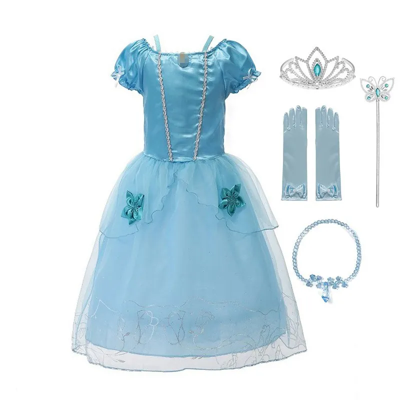 Dress Set 01 MUABABY Костюм Золушки для детей; нарядное летнее платье для девочек; цвет синий; детская одежда принцессы на Хэллоуин, день рождения, вечеринку; одежда для От 2 до 8 лет - Цвет: Dress Set 01