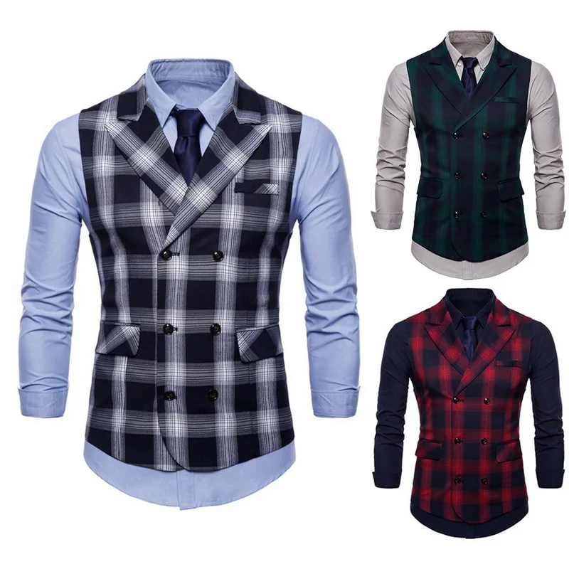 

HEFLASHOR Business Plaid Vest Men Casual Double Breasted Sleeveless Suit Vest Autumn Retro Slim Male Vest Waistcoat Plus Size