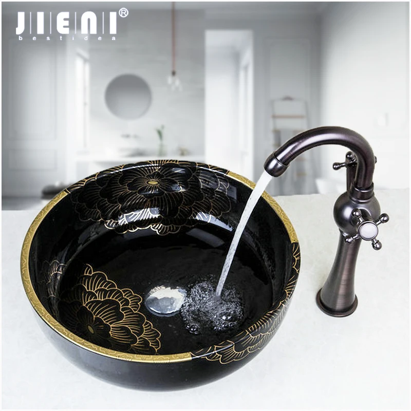 JIENI Round Paint Bowl Sinks Vessel Basin Bathroom Washbasin Ceramic