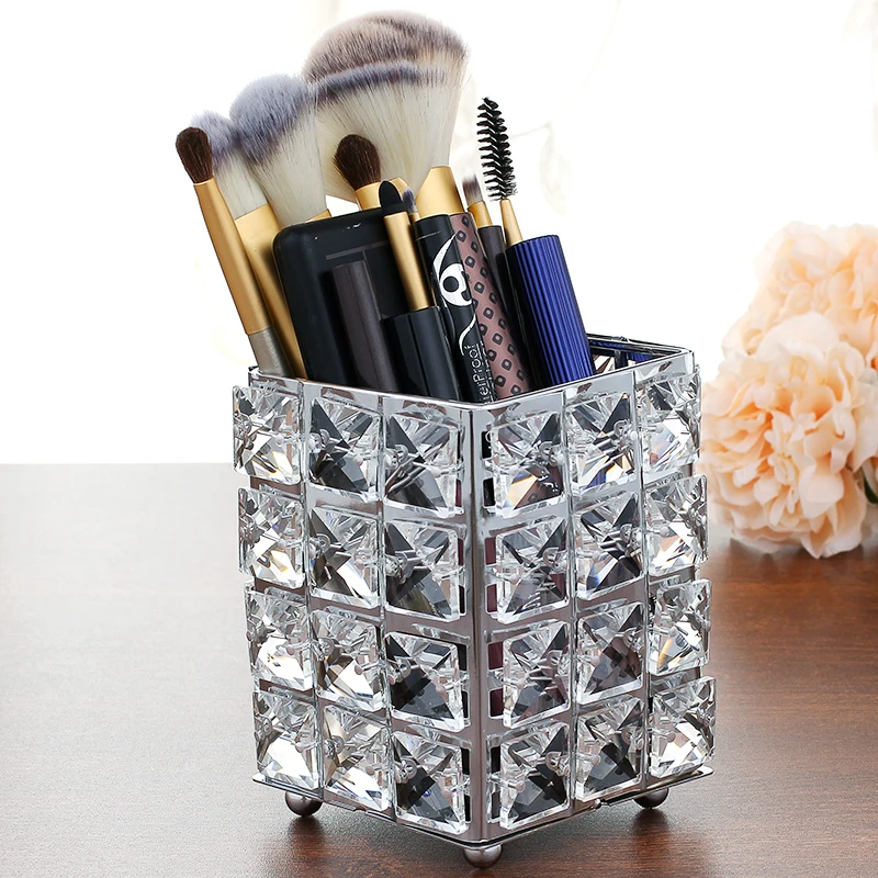 

Cosmetic Organizer Metal Crystal Square Makeup Organizer Box Brush Sorting Storage Tube Sorting Jewelry Desktop Decorative