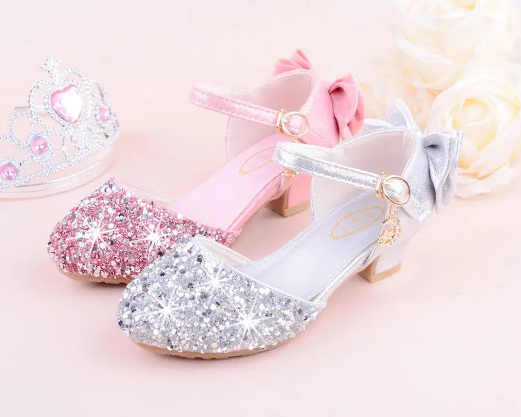 Girls sandals high heels spring and summer rhinestones bow princess Performance /wedding crystal single shoes shiny silver