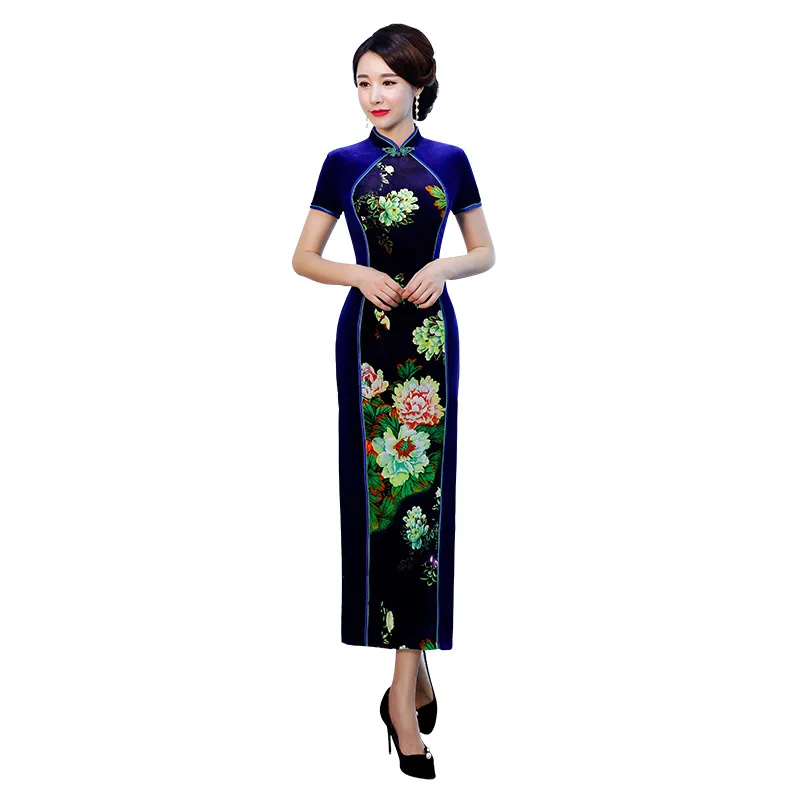 Новое поступление Для женщин Цветочный Чонсам воротник-стойка приталенный китайский женский халат длинные китайское традиционное платье