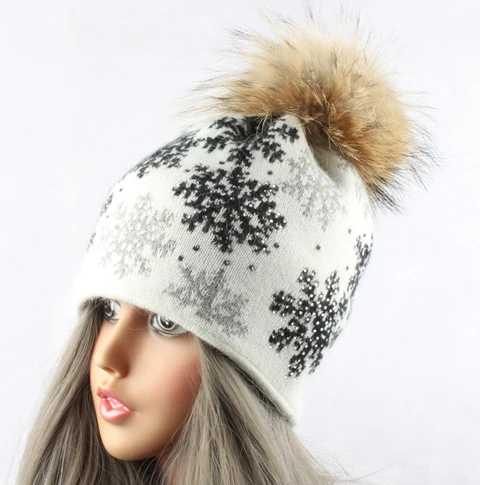 Новые зимние шапки для женщин, вязаная шапка из кроличьего меха со снежинками, жаккардовый головной убор, шапка с натуральным мехом и помпоном - Цвет: white