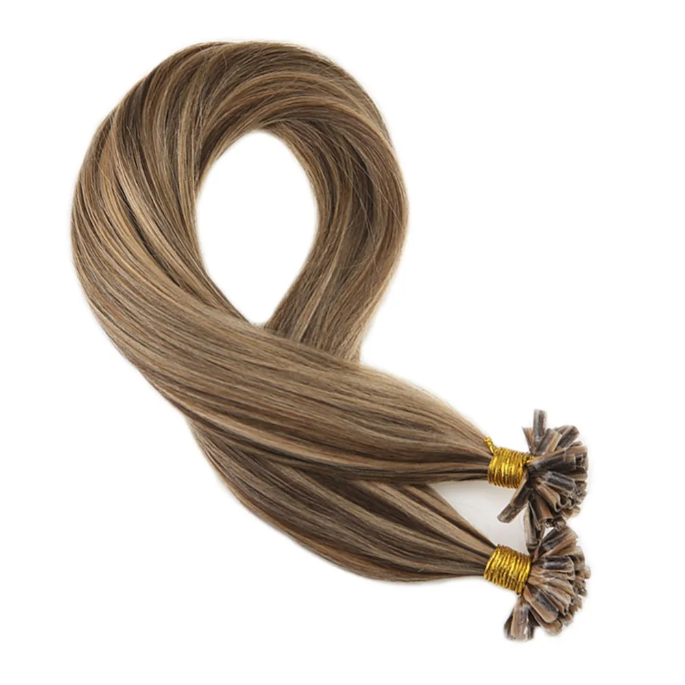 

Moresoo U Tip Keratin Remy Hair Extension Human Hair Color #4 Brown Highlighted with #27 Blonde Pre-bonded Fusion Human Hair 50G