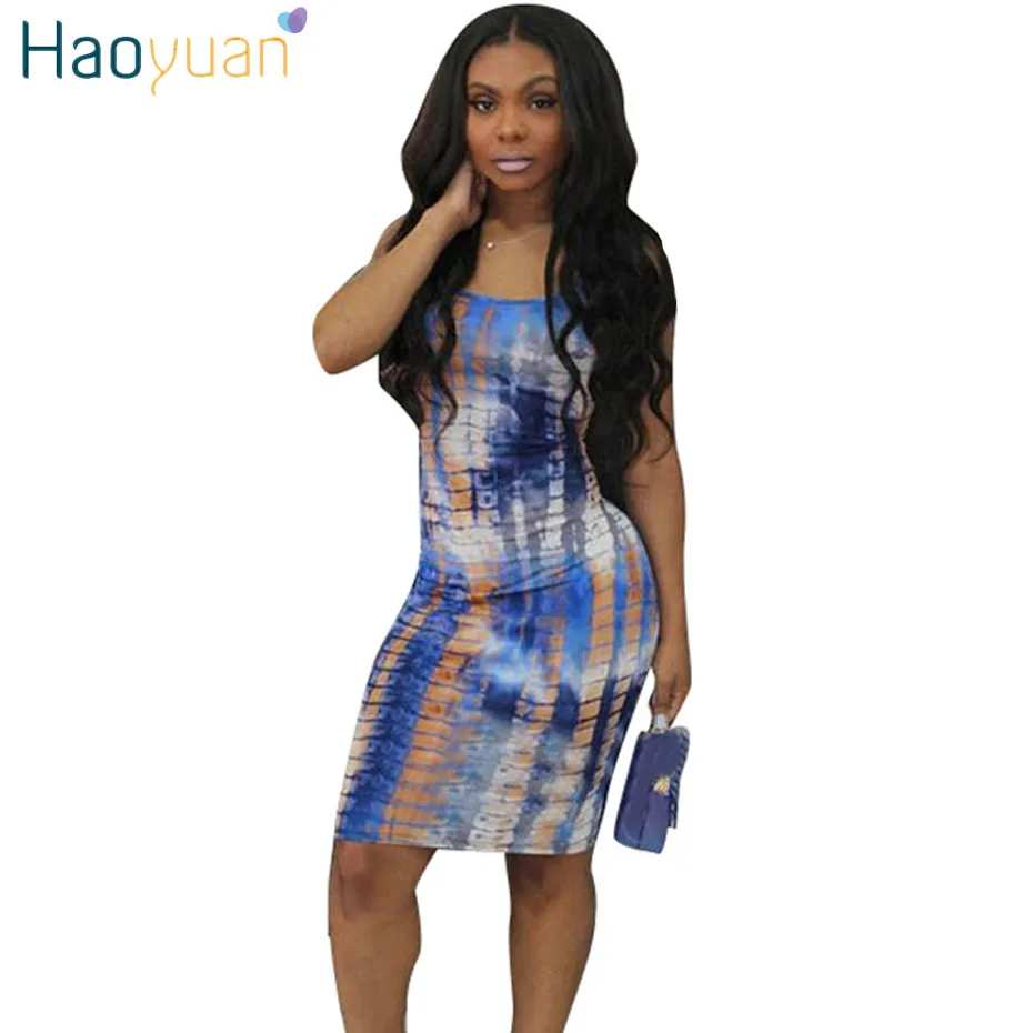 

HAOYUAN Spaghetti Strap Sexy Dress 2018 New Sundress Tie Dye Bodycon Party Dress Night Club Backless Robe Beach Summer Dresses