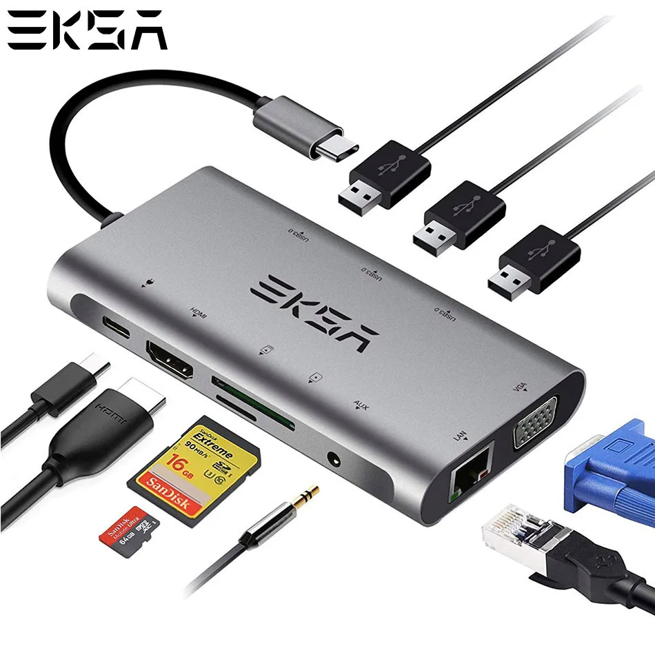 EKSA 10 в 1 usb-хаб USB C концентратор с 4K HDMI USB 3,0 порт SD/TF кардридер VGA RJ45 Gigabit Ethernet для Dell/samsung/huawei P20