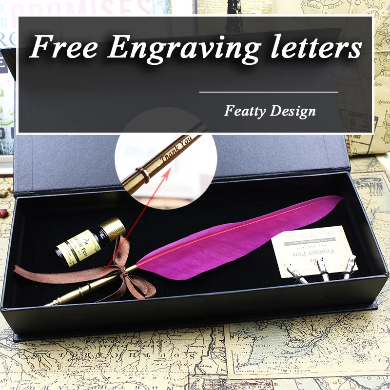 

Vintage Feather Dip Fountain Pen Gift Box with 3 Nibs Signature Pen Stationery Set Free Engraving Letters Print Name Customizing
