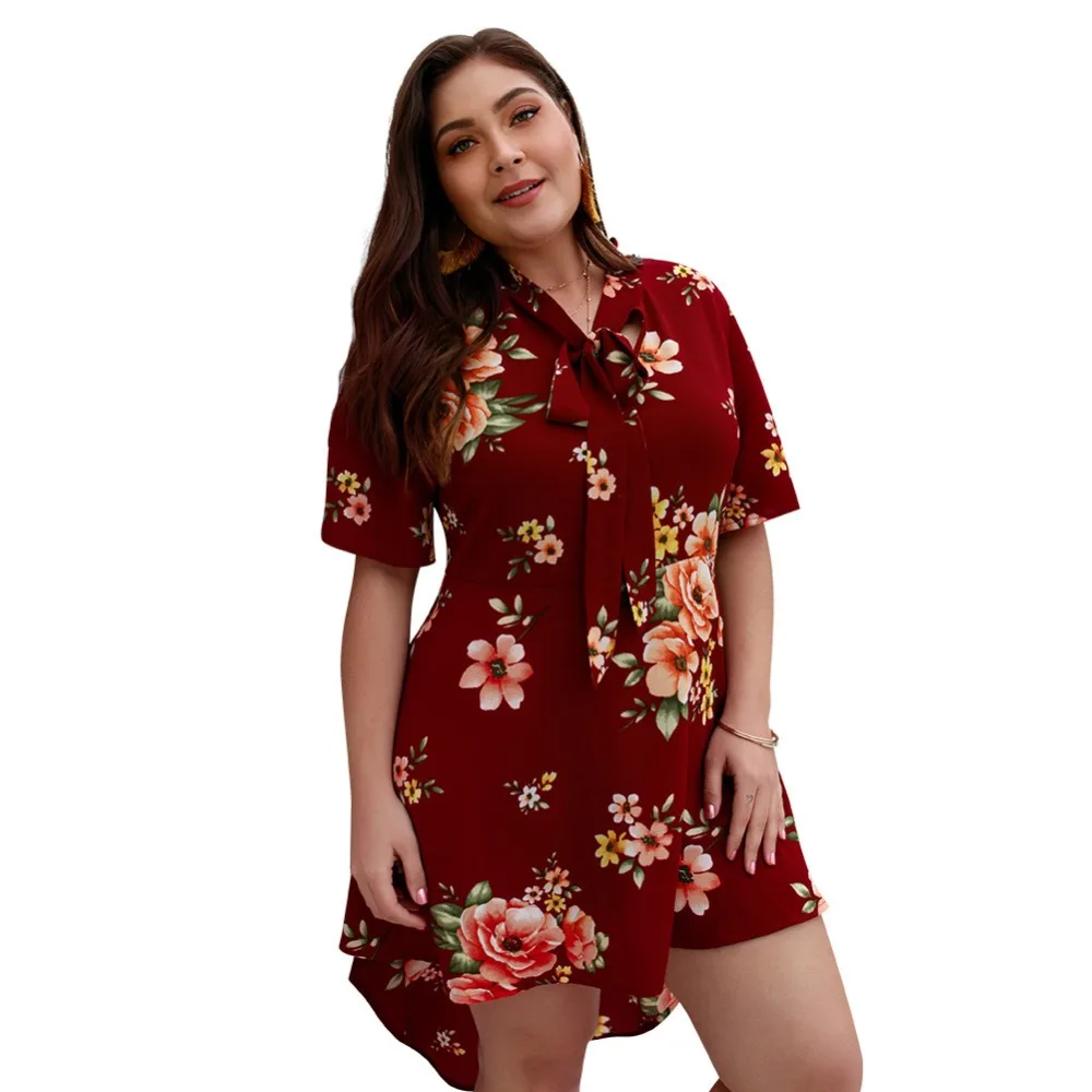 

WHZHM Bohemian Flower Print Short Sleeve High Waist Loose Plus Size 3XL 4XL Dress Women Vestido Casual Summer Lace Up Bow Dress