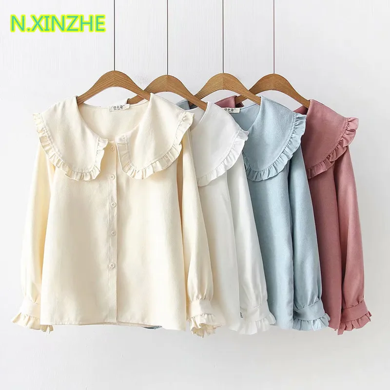  2019 women clothing long sleeve lapel neck ruffles solid relaxed shirt Tops Female sweet casual loo