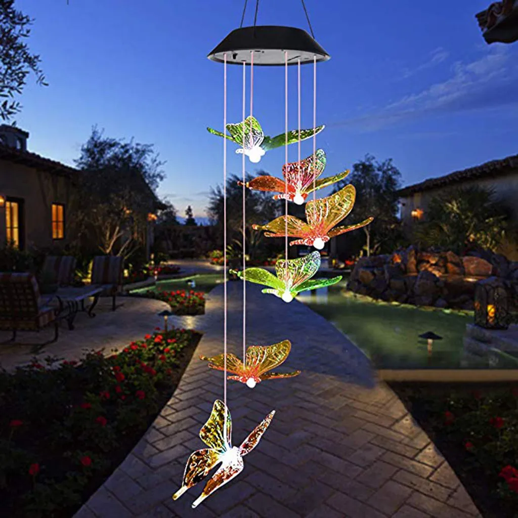 Светодиодный светильник на солнечных батареях с бабочками и колокольчиками, подвесной светильник для дома и сада, декоративный Красочный прозрачный ветровой колокольчик, светильник,, A30614