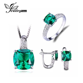 JewelryPalace 8.7ct Emerald Ring Pendant Clip Earrings Jewelry Set 925 Sterling Silver Fine Jewelry 45cm Box Chain