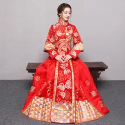 Свадебное платье невесты платье 2018 новое осенне-зимнее Ретро китайское платье Ципао платье невесты праздничный костюм длинный раздел