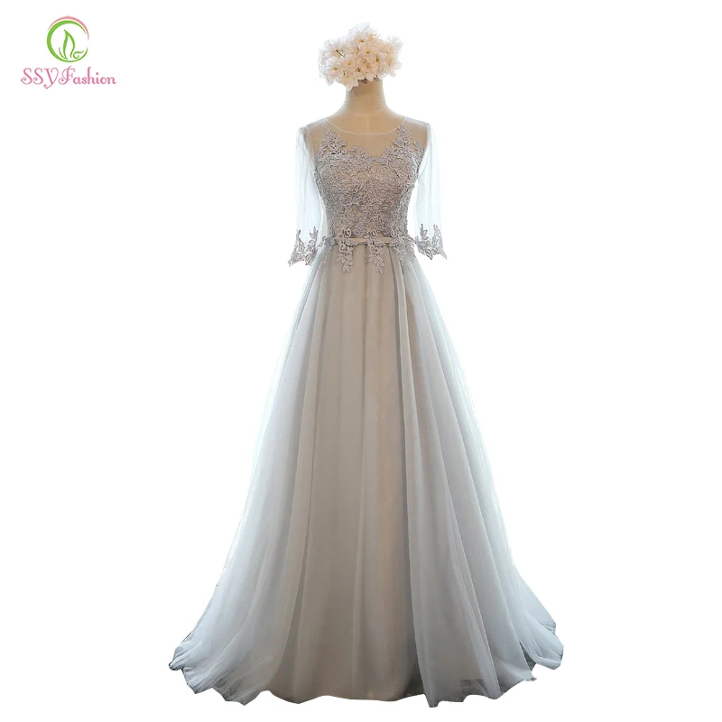 

SSYFashion Evening Dress Long Lace Embroidery Half Sleeve Floor-length A-line Bride Married Party Formal Dress Robe De Soiree