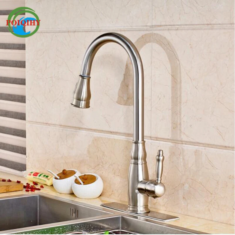 

Pull Out Hot and Cold Water Kitchen Faucet Brushed Nickel with 10" Decrate Cover Plate Deck Mounted 2-Function Sprayer Nozzle