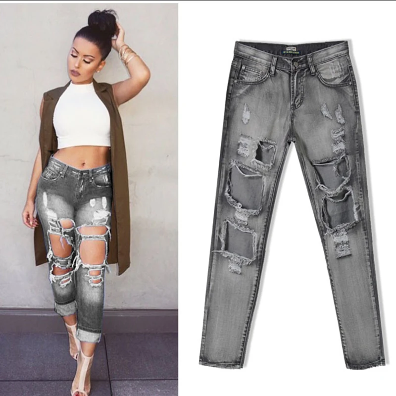 New Fashion grigio Jeans Delle Donne Delle Signore Casuali Dei Jeans del  Foro Denim Dritto Jeans Strappati Per Le Donne jean del denim dei pantaloni|ripped  jeans for women|jeans for womenfashion women jeans -