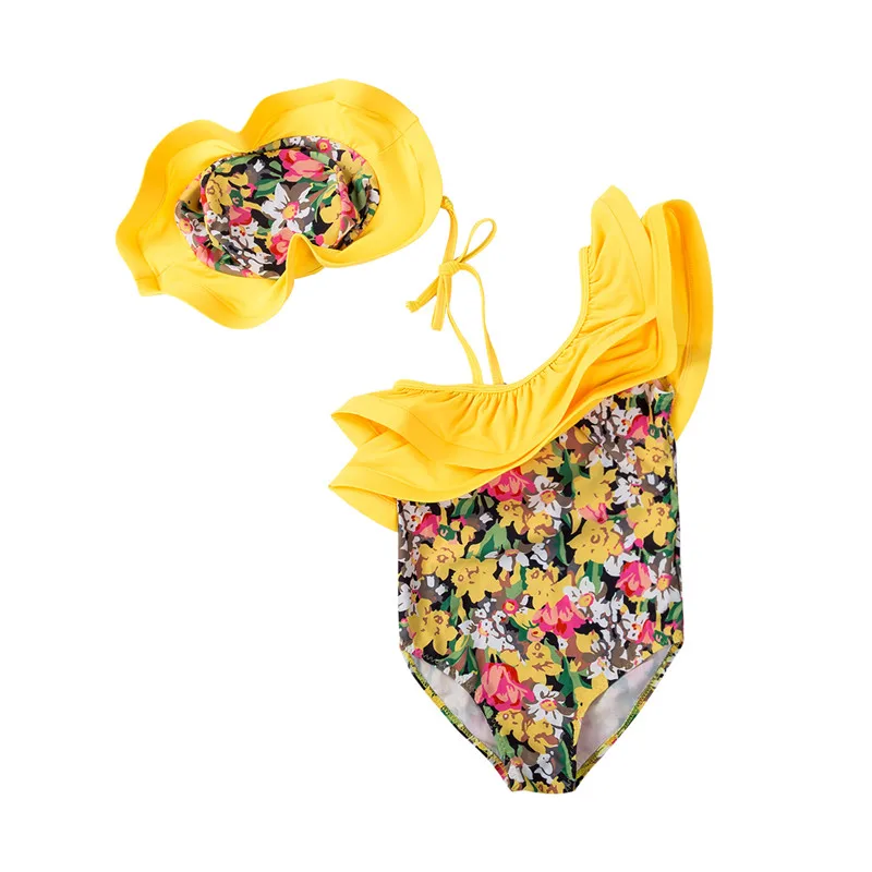 3T Baby Girl Swimsuit Bikini One Piece Summer Yellow Floral Printed Swimwear Jumper Jumpsuit+Hat 2Pcs Outfit Children Swimsuit - Цвет: 3T