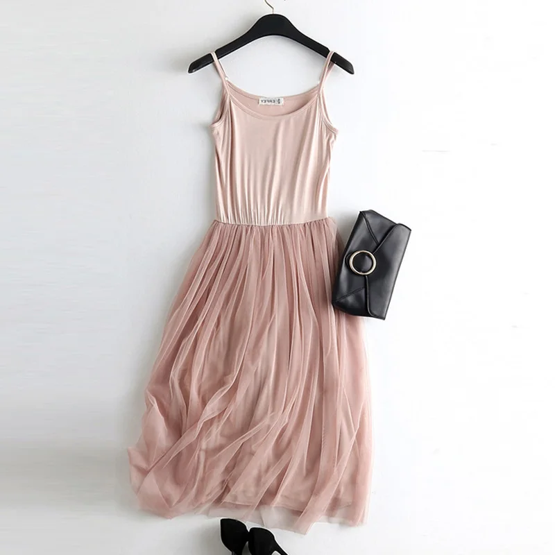 

Sexy Spaghetti Strap Patchwork Mesh Dress Spring Summer Women Gauze Lace Tank Casual Dresses Sundress Party Vestidos