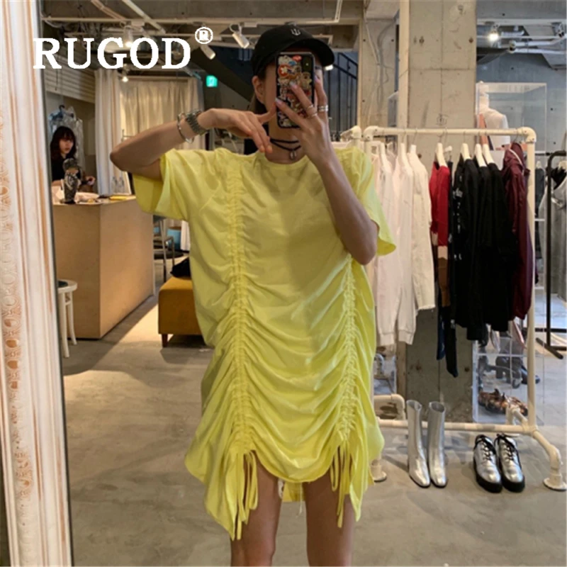

RUGOD Fashion Drawstring straight summer dress women Elegant solid yellow irregular mini dresses vestidos Korean chic streetwear