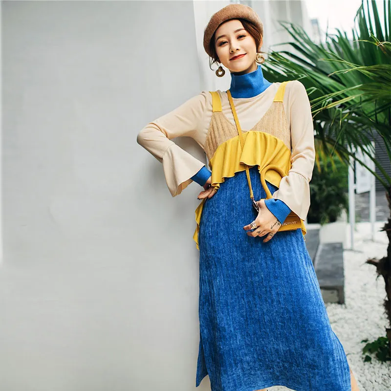 

2019 Spring Casual Knitting Sets Women Ruffles Blue Dress and Sweater Autumn