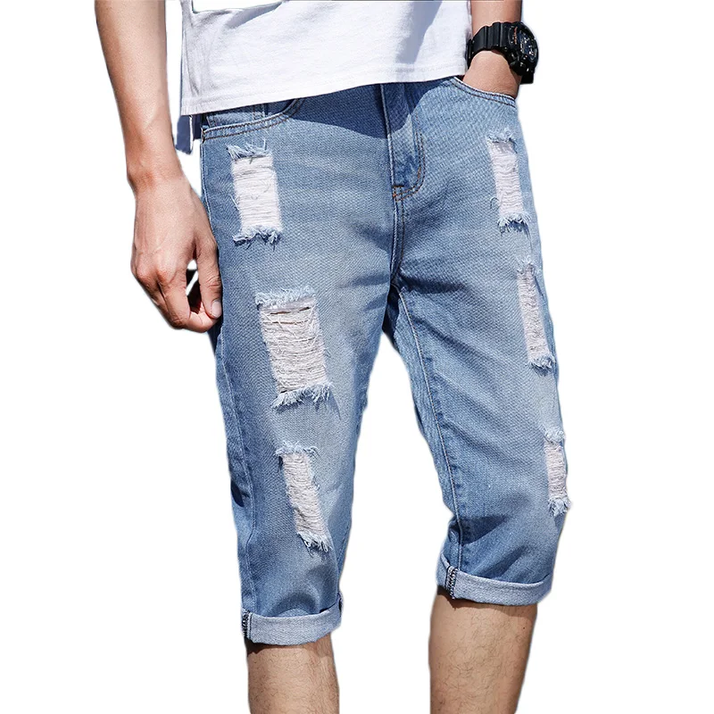 2018 Summer Casual Men Short Jeans Pant Ripped Hole Blue Half Jeans Men Knee Length Denim Cotton