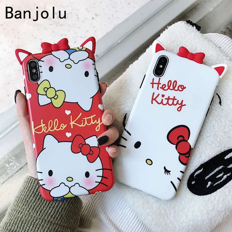 Banjolu New Hello Kitty Phone Cases for iPhone X XR XS MAX 8 7 6 6s Plus Bow Rabbit Ear Cute Dog TPU Back Case Cover |