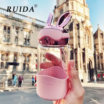 

Cartoon Glass Water Bottles Creative Bunny Ears Outdoor Travel Water Bottle High Borosilicate Glass Drinkware Student Gift Cup