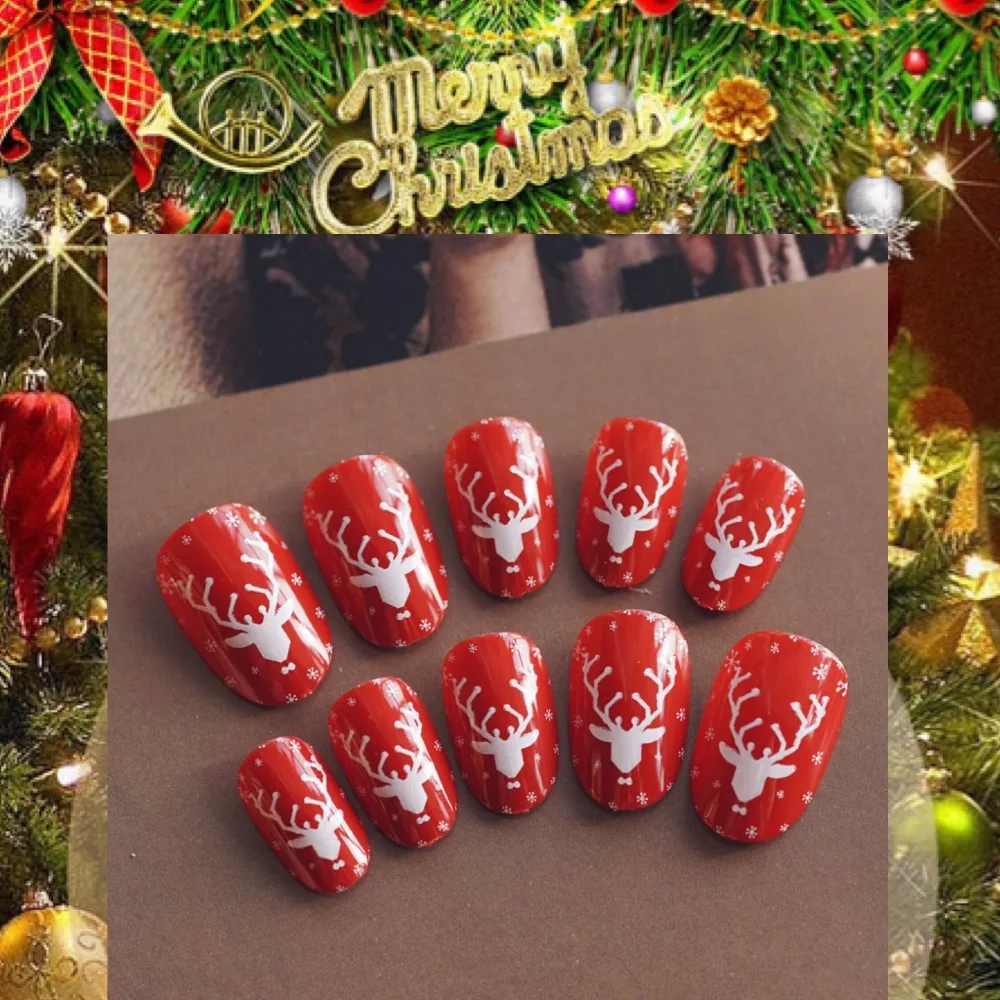 

New 24 pieces Red Christmas Deer 3D Acrylic Classical Plastic Art Short Fake false Sticker Nail Tips Free Glue Gel [N351]