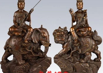 

15'' China Manjusri and Samantabhadra Ride Lion Elephant Buddha Bronze Statue
