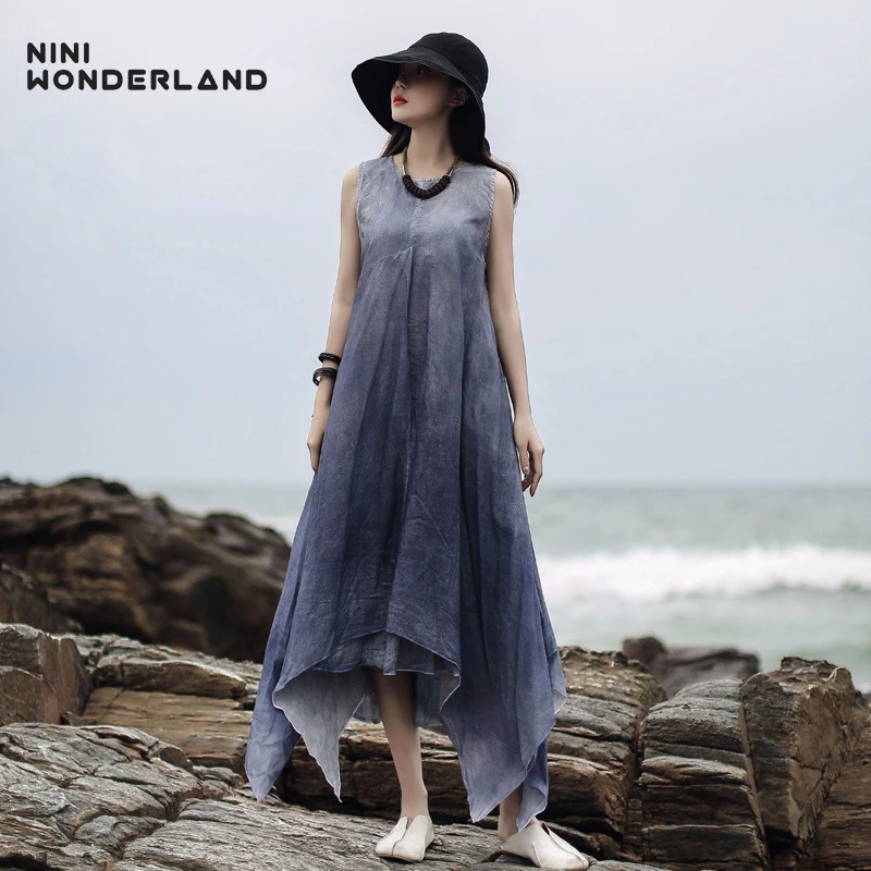 Летнее хлопковое пляжное платье NINI WONDERLAND в стиле бохо женское асимметричное без