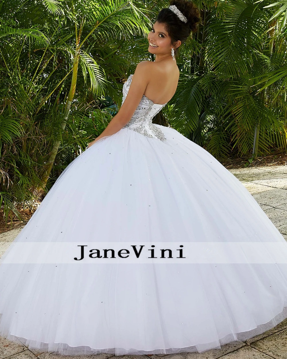 JaneVini роскошные белые длинные Бальные платья принцессы бальное платье милое блестящее платье без рукавов Пышное Тюлевое дебютантное платье