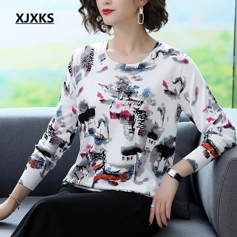 

XJXKS Knitted Print Sweater Women Long Sleeve Jumper Pullover Knitwear Tops 2019 Autumn Chinese Painting Fashion Women Sweater