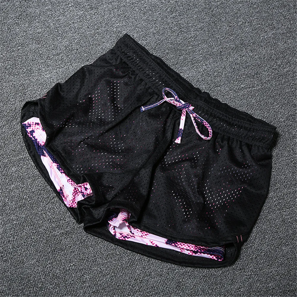 Women Shorts Slim Pants 2018 High Elasticity Blue Fake 2 Piece Mesh Casual Active Fitness Shorts Elastic Breathable Pants  (7)