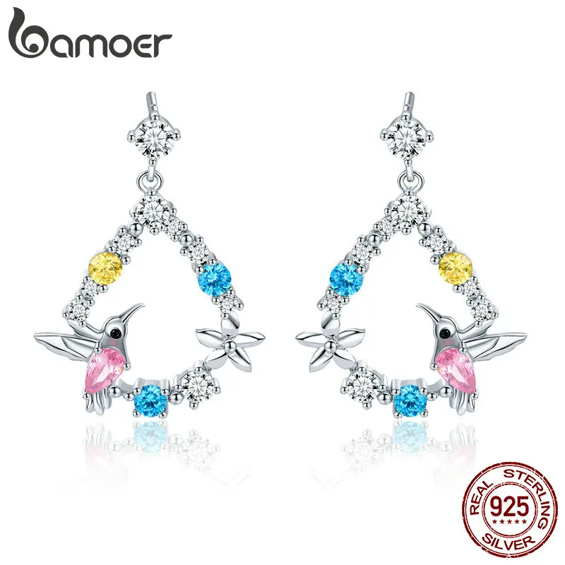 

BAMOER 925 Sterling Silver Hummingbird Gift Colorful Cubic Zircon Stud Earrings for Women Sterling Silver Jewelry GAE011
