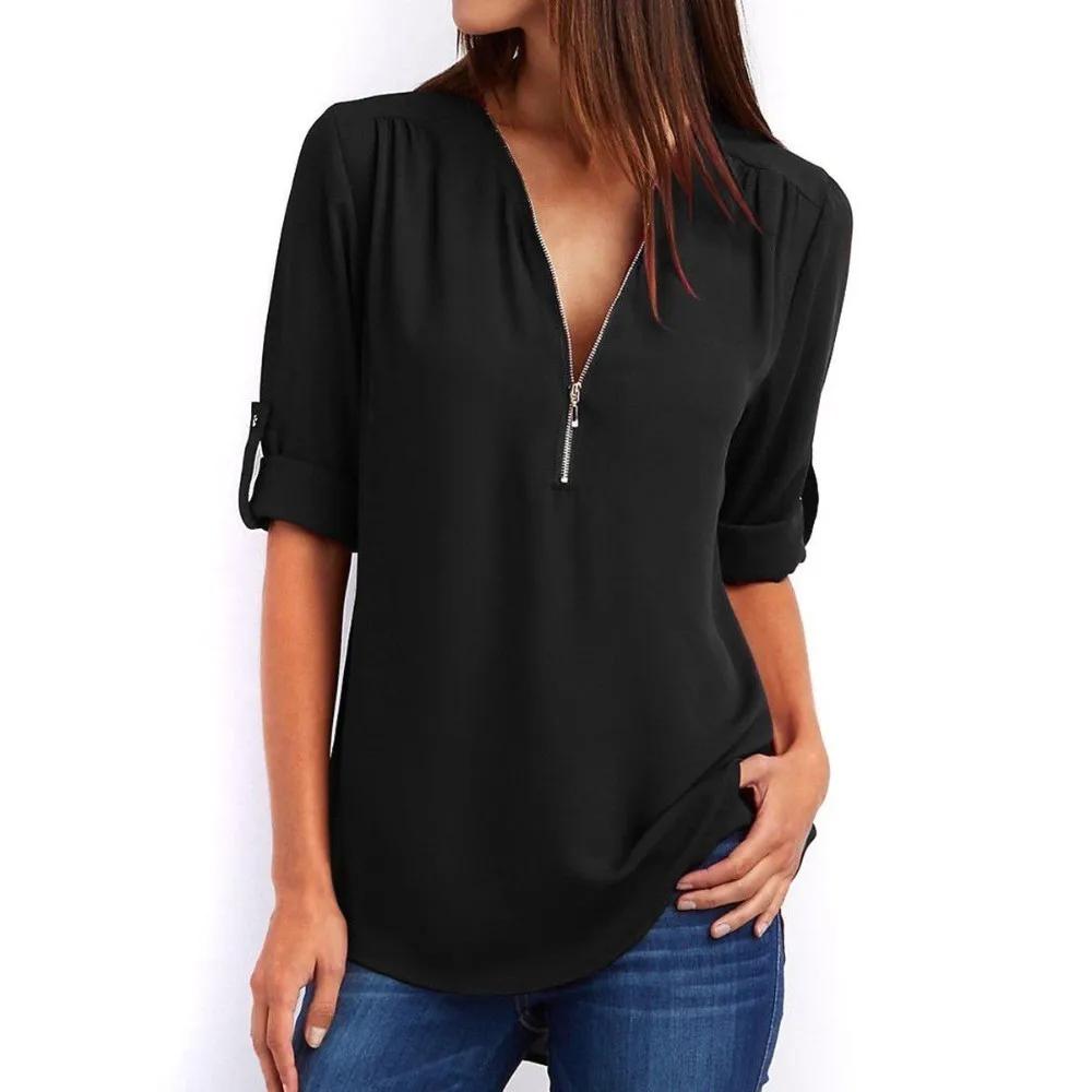

5XL Chiffon Blouse Women Short Sleeve Deep V-Neck Blouses Plus Size 2019 Summer Zipper Casual Black Tops Ladies Solid Blusa