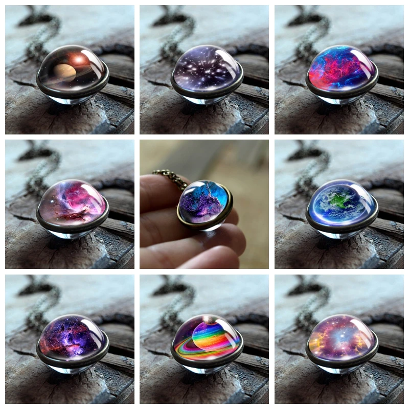 

2019 New Nebula Galaxy Double Sided Pendant Necklace Universe Planet Jewelry Glass Art Picture Handmade Statement Necklace