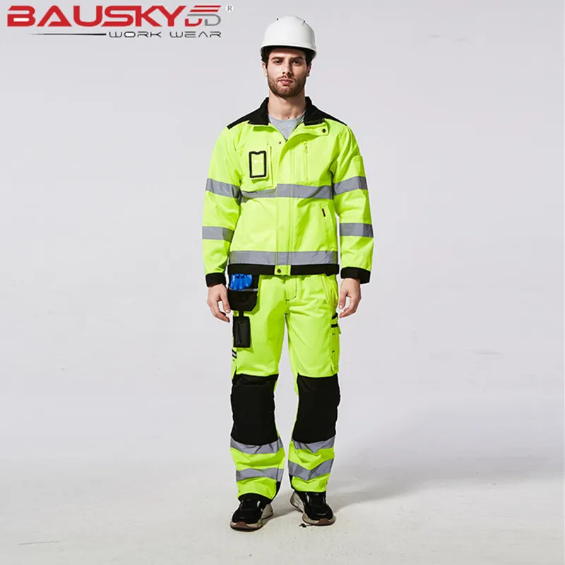 Bauskydd высокая видимость Светоотражающая Спецодежда костюм наборы Рабочий костюм флуоресцентная желтая Рабочая куртка и рабочие штаны с наколенниками - Цвет: set