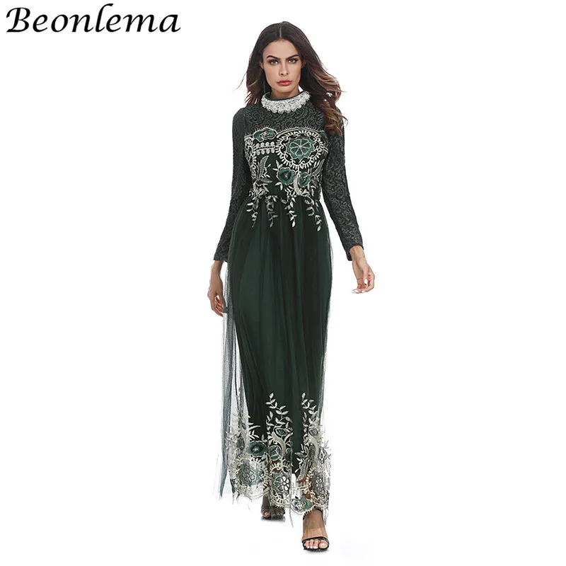 Beonlema мусульманское платье Для женщин Вышивка арабский Сетчатое халат Marocaine