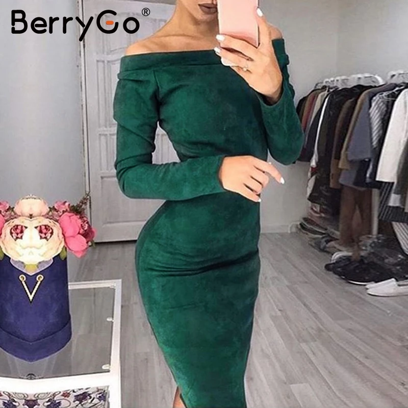 Berrygo сексуальное с открытыми плечами замшевое Обтягивающее Платье женское
