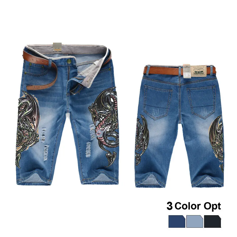 

Men Boy Short Jeans Skinny Hole Ripped Retro Destroy Pants Denim Straigh Trousers Hippop Print Design Beach Hip Hop Skate Pants