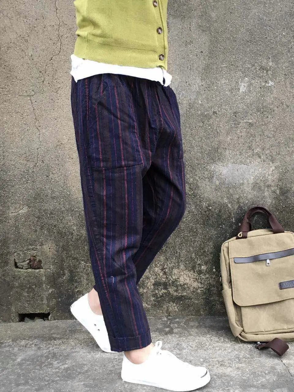 Женщины Stripes Брюки Эластичный Пояс Свободные Повседневные Дамы Полосатый Хлопок