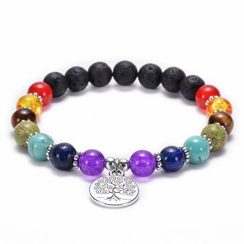 

Colorful seven chakras beaded ladies bracelet life tree / lotus / OM pendant bracelet energy volcanic stone yoga jewelry gift