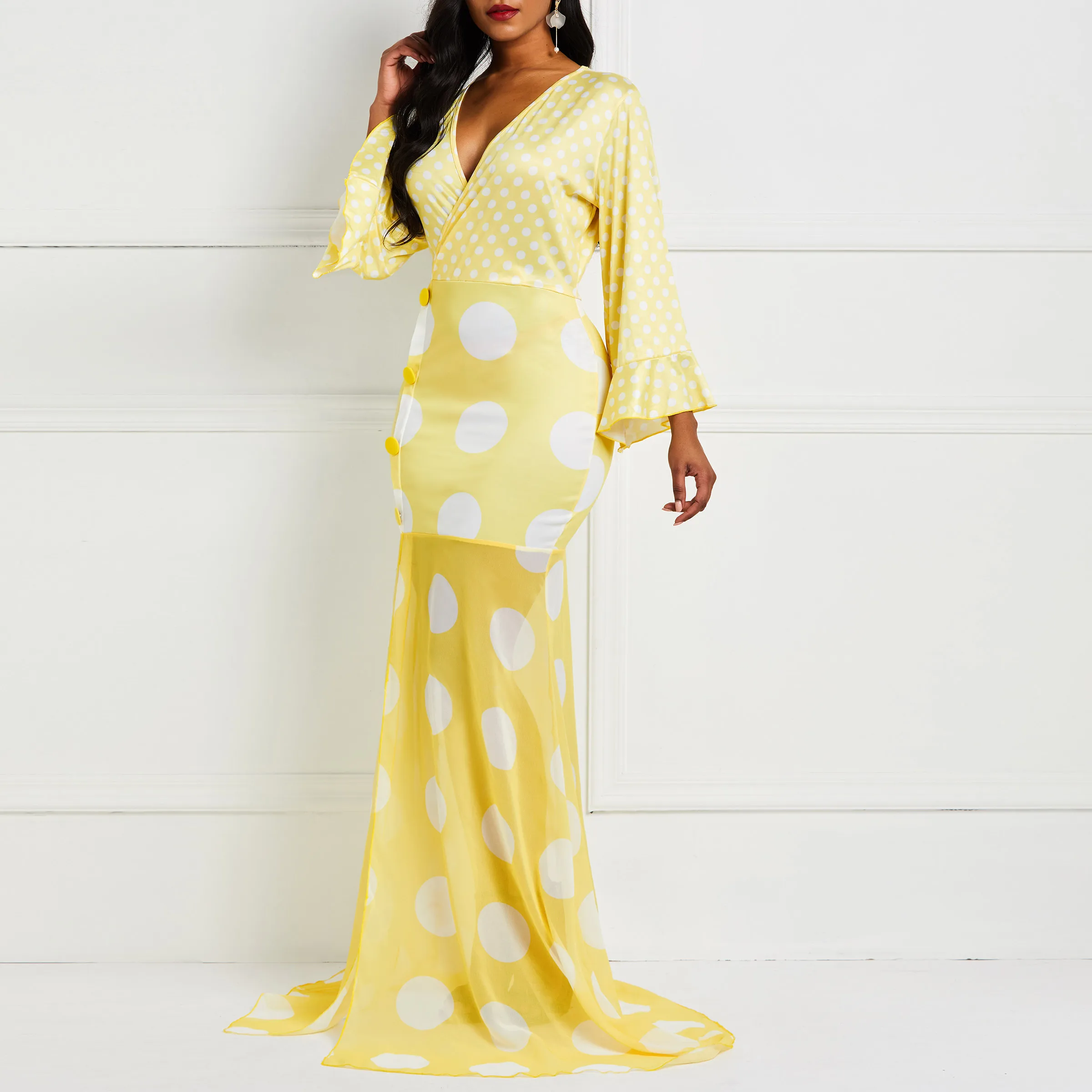 

Summer Sexy Club Beach Yellow Big Size Deep V Women Maxi Dresses Casual OL Ladies Flare Sleeve Party Print Split Elegant Dress