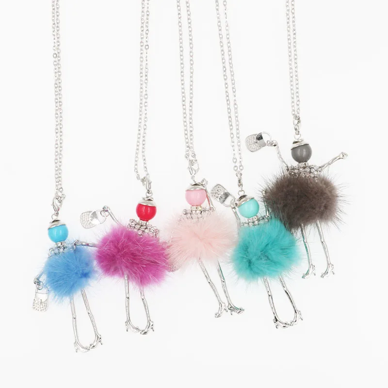 Fashion Lovely Paris Doll Pendant Necklace For Girls Children's Long Necklace Modern Lady's Imitation Rabbit Hair 5 Colors Gift2