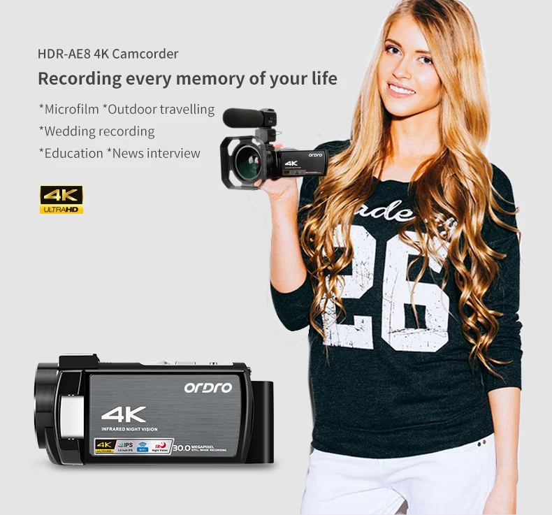 Ordro wifi AE8 Vlog камера Full HD сенсорный экран 4K видео камера цифровая IR камера ночного видения Fotografica профессиональная видеокамера