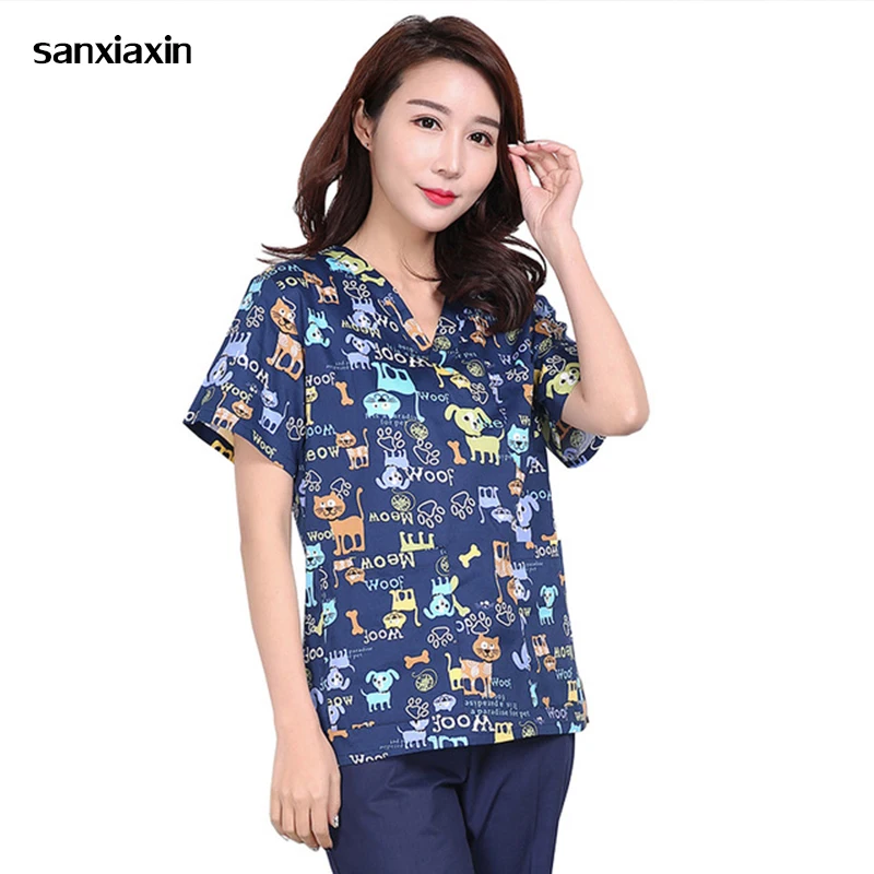 

100%Cotton new Veterinary Uniforms Tops Medical Scrubs Blue Flowers Dog Print Short Sleeve Scrub Pet Doctor Dental Nurse Costume