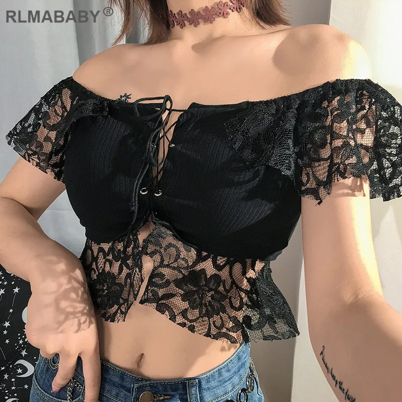 

RLMABABY Summer Patchwork Ribbed Lace Crop Top Off Shoulder Bandage Hollow out Women Sexy Top Casual Streetwear Femme Tshirts