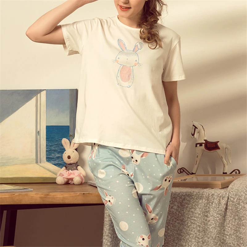 

Pregnant Short Sleeve Nursing Pajamas Tops+Pant Women Cartoon Pajama Suits Maternity Cotton Casual Loose Sleepwear AA11370